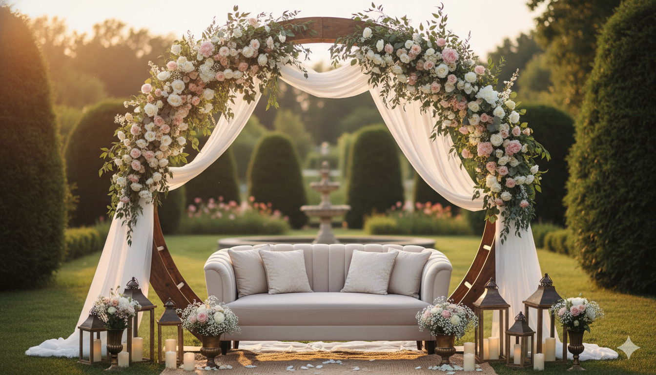 Elegant wedding photo zone with floral arrangement